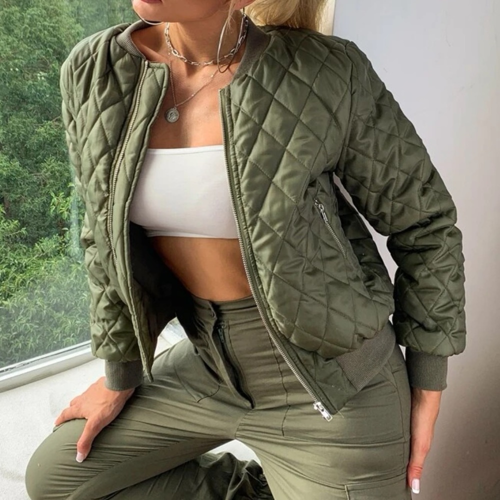 Olive Quilted Bomber Jacket
